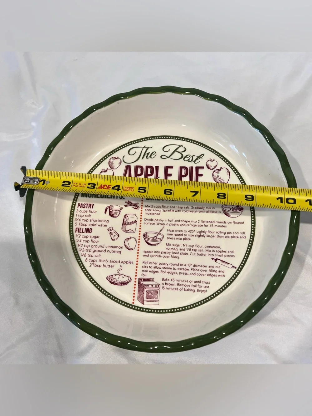 DEI Apple Pie Recipe Ceramic Pie Plate Green Scalloped Cottagecore Kitchen